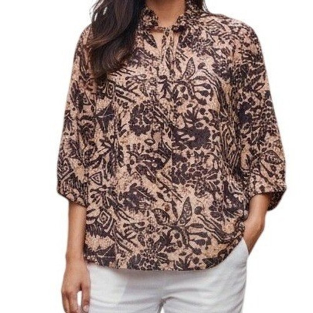 🆕 JOIE Batik Coral and Plum Floral Tie Neck Elbow Sleeves Blouse EUC Size Small